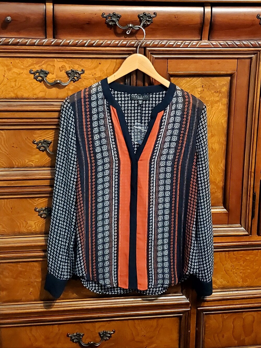 NWOT SANCTUARY Tribal Border Print Navy & Rust shirt size XS